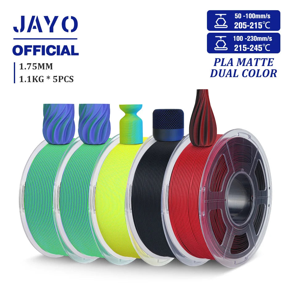 JAYO PLA Matte Dual Color 3D Filament 1.75mm PLA Matte 3D Printer Filament 5Rolls/Set PLA Filament Smooth Matte Finish