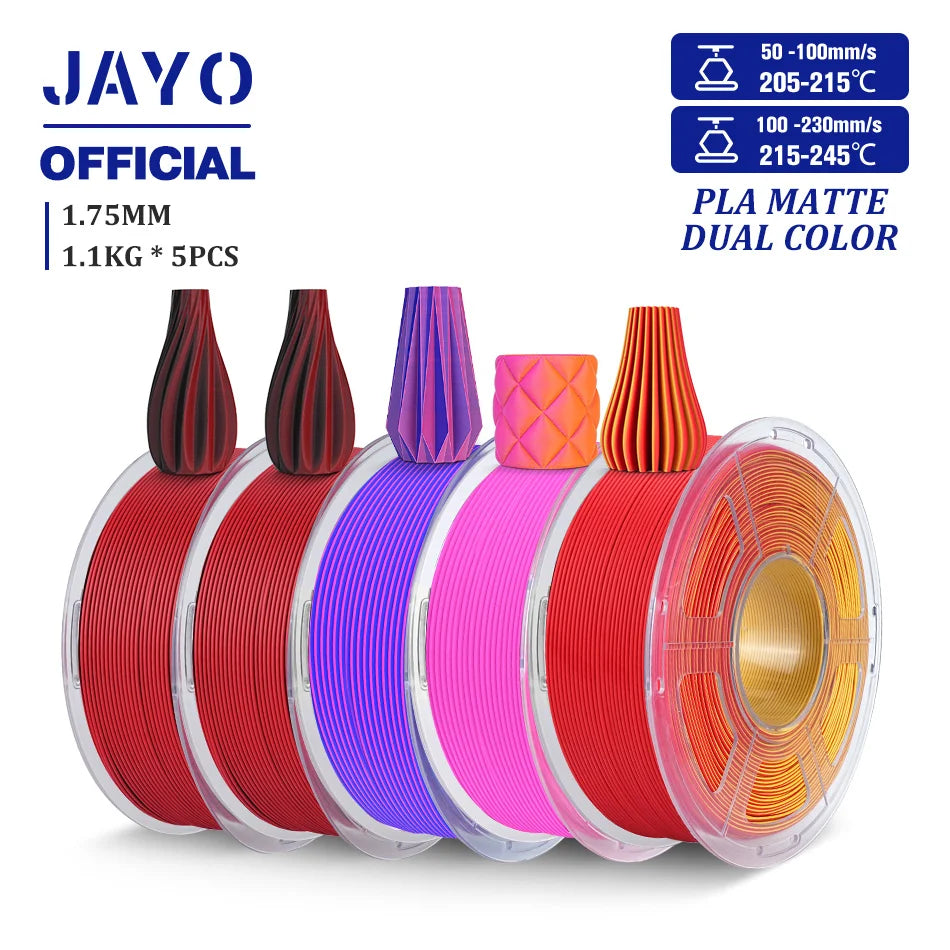 JAYO PLA Matte Dual Color 3D Filament 1.75mm PLA Matte 3D Printer Filament 5Rolls/Set PLA Filament Smooth Matte Finish