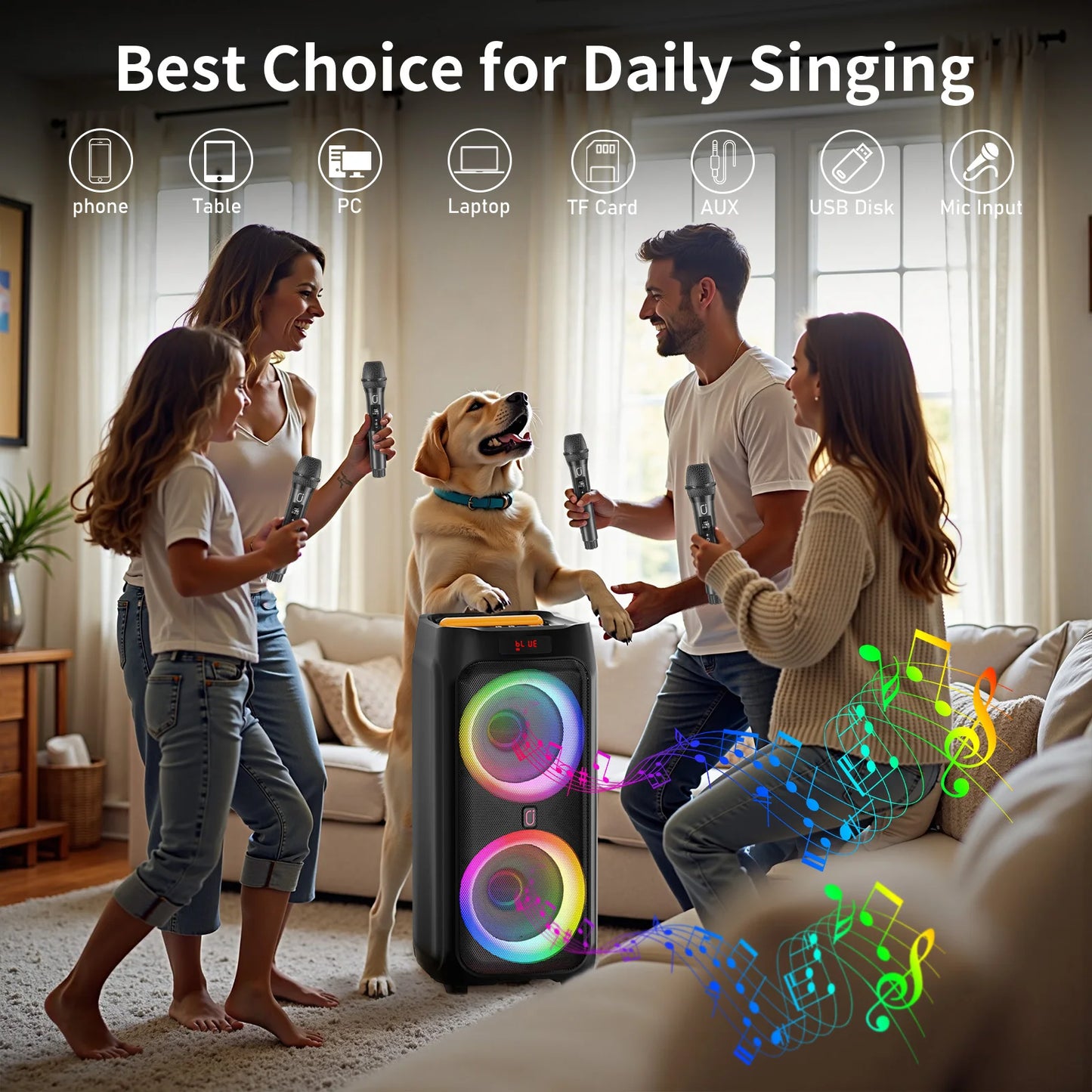 T9Karaoke Machine,Dual 8"Subwoofer Big Bluetooth Speaker with 500W Peak Power,PA System with DJ Light,Rolling Wheels and Trolley