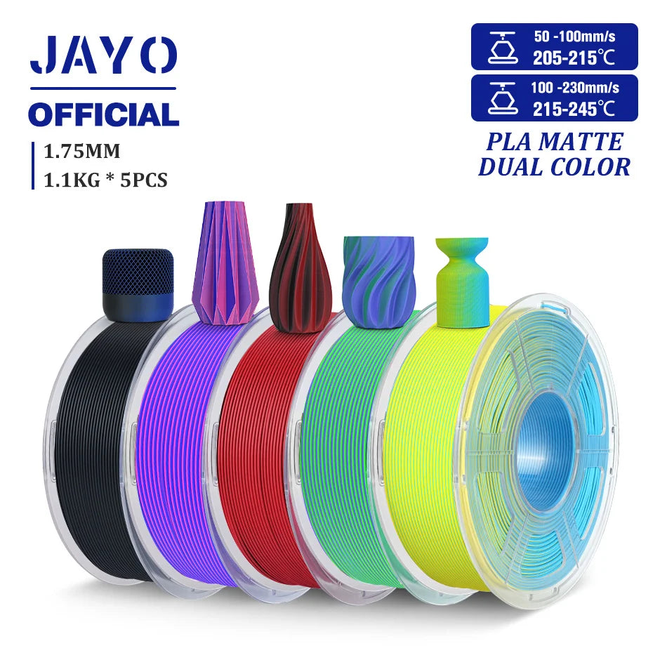 JAYO PLA Matte Dual Color 3D Filament 1.75mm PLA Matte 3D Printer Filament 5Rolls/Set PLA Filament Smooth Matte Finish