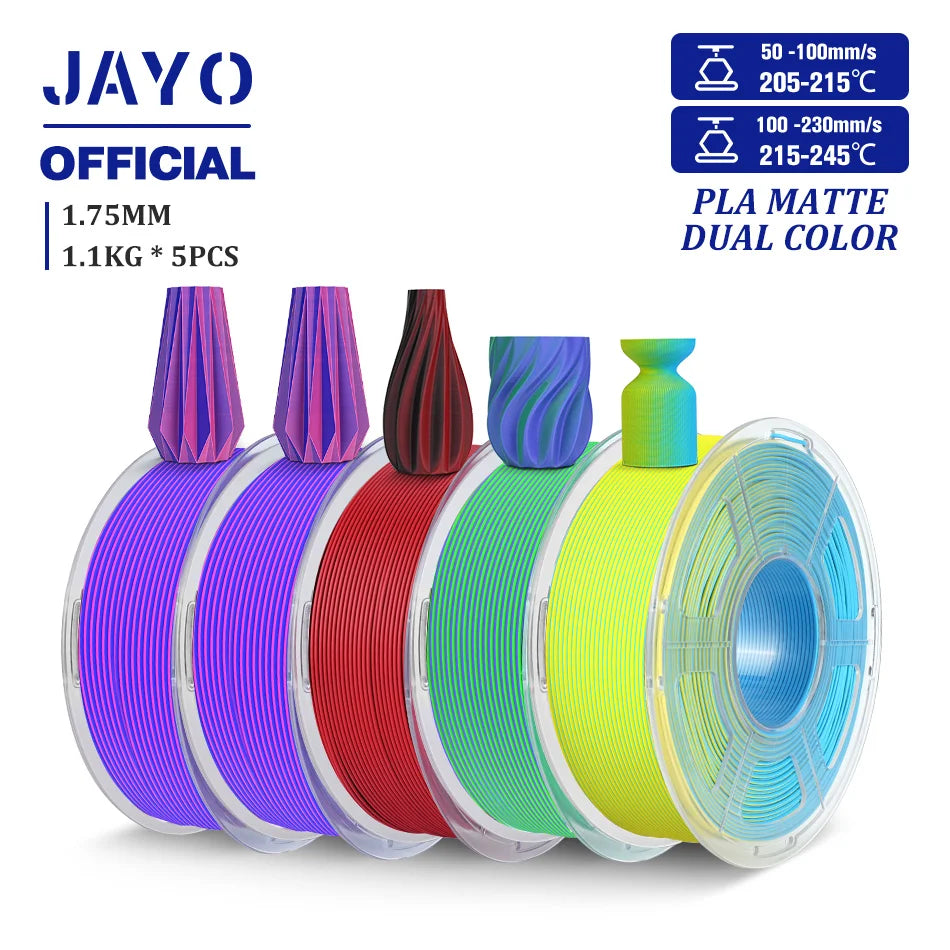 JAYO PLA Matte Dual Color 3D Filament 1.75mm PLA Matte 3D Printer Filament 5Rolls/Set PLA Filament Smooth Matte Finish