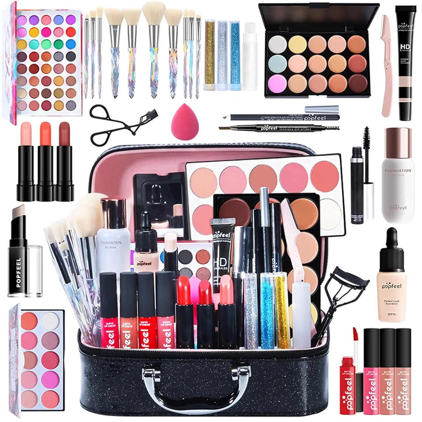 All-in-One Holiday Makeup Set with Eyeshadow, Lipstick, Concealer, Blush, Mascara & Foundation - Essential Starter Kit for Women