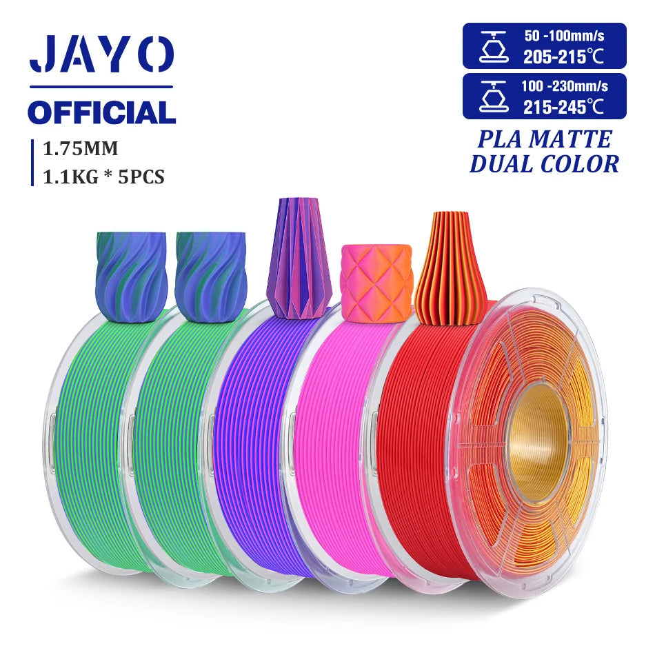 JAYO PLA Matte Dual Color 3D Filament 1.75mm PLA Matte 3D Printer Filament 5Rolls/Set PLA Filament Smooth Matte Finish