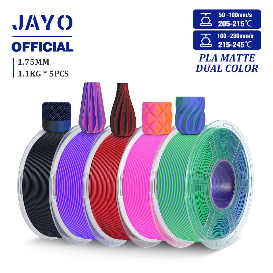JAYO PLA Matte Dual Color 3D Filament 1.75mm PLA Matte 3D Printer Filament 5Rolls/Set PLA Filament Smooth Matte Finish