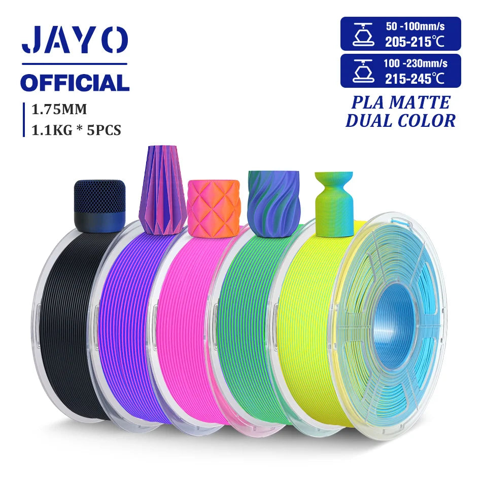 JAYO PLA Matte Dual Color 3D Filament 1.75mm PLA Matte 3D Printer Filament 5Rolls/Set PLA Filament Smooth Matte Finish