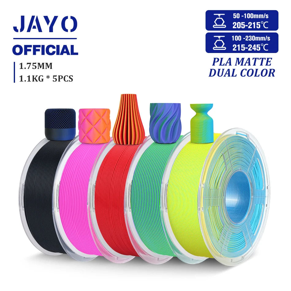 JAYO PLA Matte Dual Color 3D Filament 1.75mm PLA Matte 3D Printer Filament 5Rolls/Set PLA Filament Smooth Matte Finish