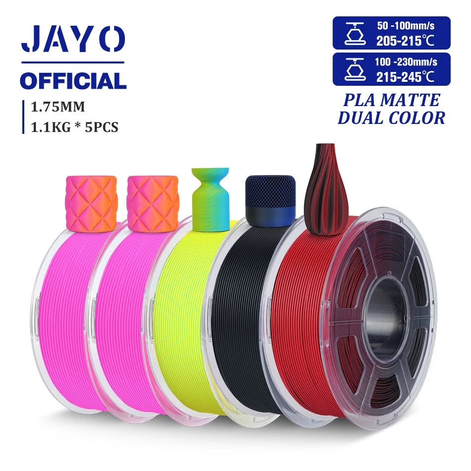 JAYO PLA Matte Dual Color 3D Filament 1.75mm PLA Matte 3D Printer Filament 5Rolls/Set PLA Filament Smooth Matte Finish