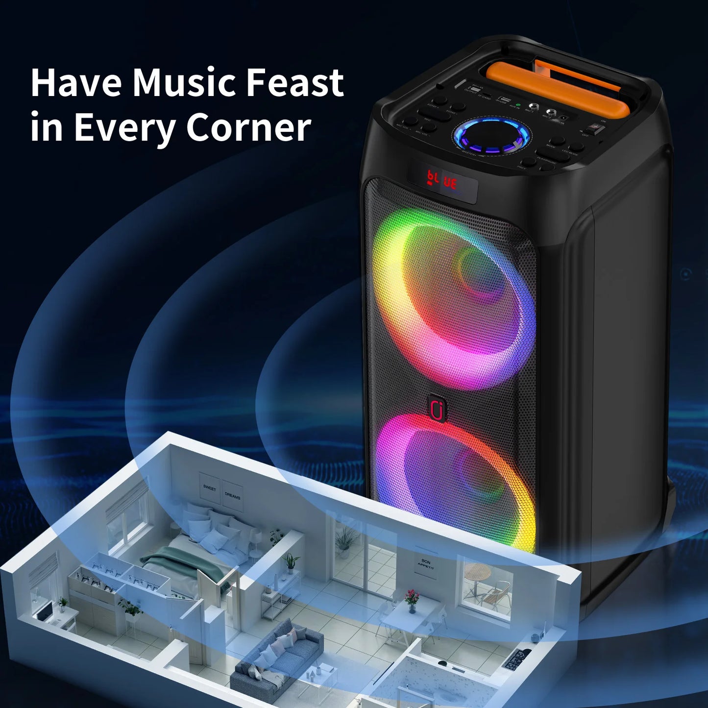 T9Karaoke Machine,Dual 8"Subwoofer Big Bluetooth Speaker with 500W Peak Power,PA System with DJ Light,Rolling Wheels and Trolley