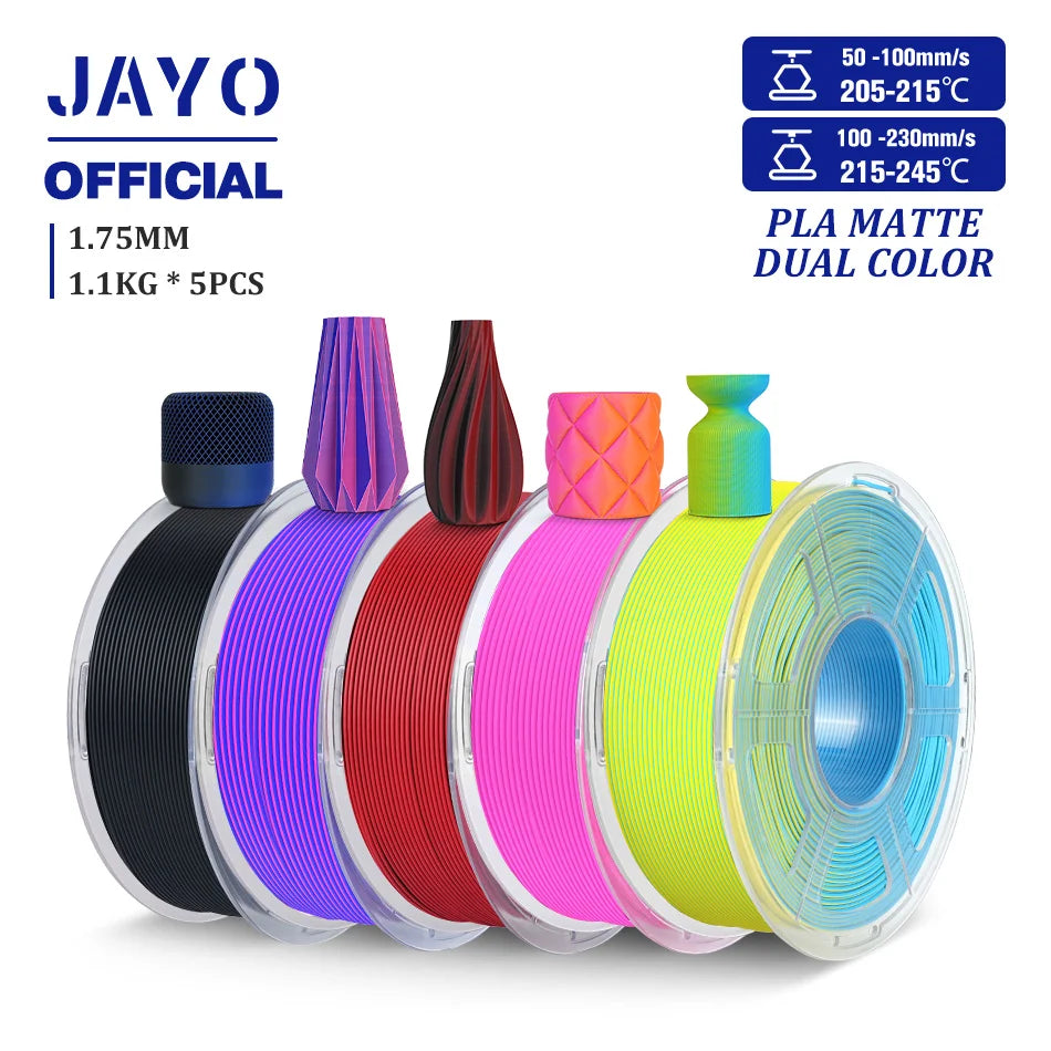 JAYO PLA Matte Dual Color 3D Filament 1.75mm PLA Matte 3D Printer Filament 5Rolls/Set PLA Filament Smooth Matte Finish