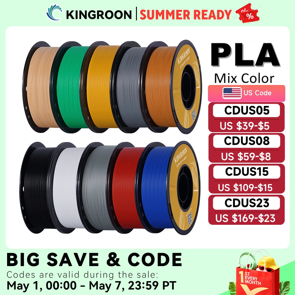 KINGROON PLA Filament 1.75mm 5/10KG pla Plastic For 3D Printer, Standard 1kg/roll 3D Printing Filaments Mix Color Local Shipping