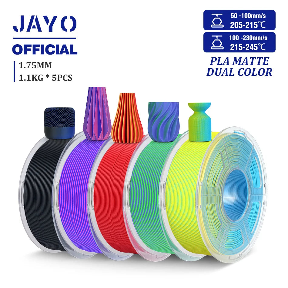 JAYO PLA Matte Dual Color 3D Filament 1.75mm PLA Matte 3D Printer Filament 5Rolls/Set PLA Filament Smooth Matte Finish